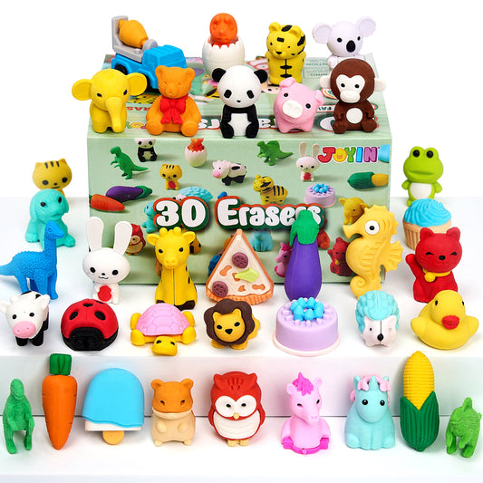 Joyfy 36 Pcs 3D Erasers for Kids, Food & Animals Erasers Bulk, Fun & Cute Mini Erasers for Pencil, Desk Pets, Classroom Prize, Birthday Party Favors, Treasure Box Toys, Gifts for Boys Girls