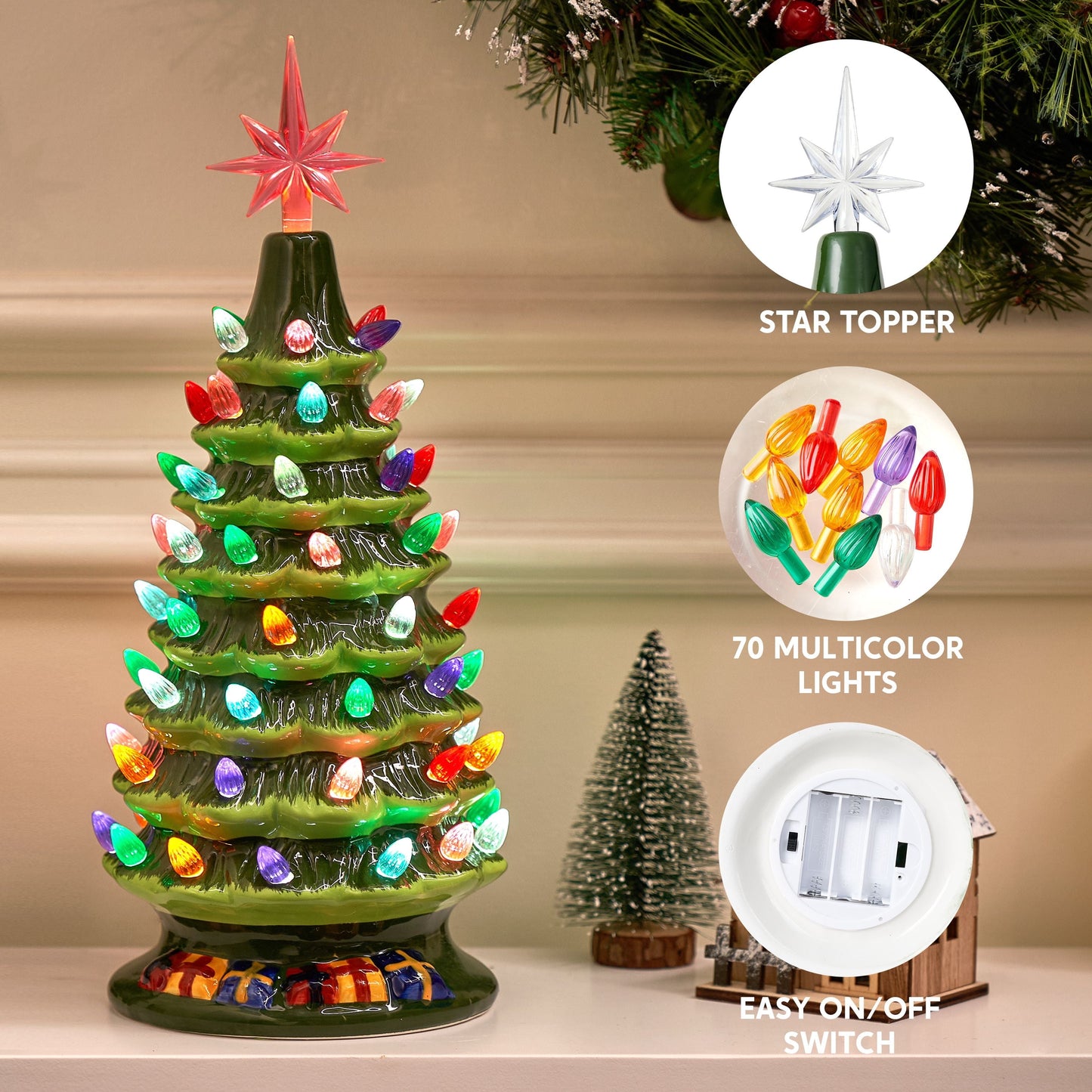 Joyfy 15 Inch White Ceramic Christmas Tree,Prelit Ceramic Christmas Tree with Lights and Top Star,Table Top Christmas Tree Decorations,Holiday Tree