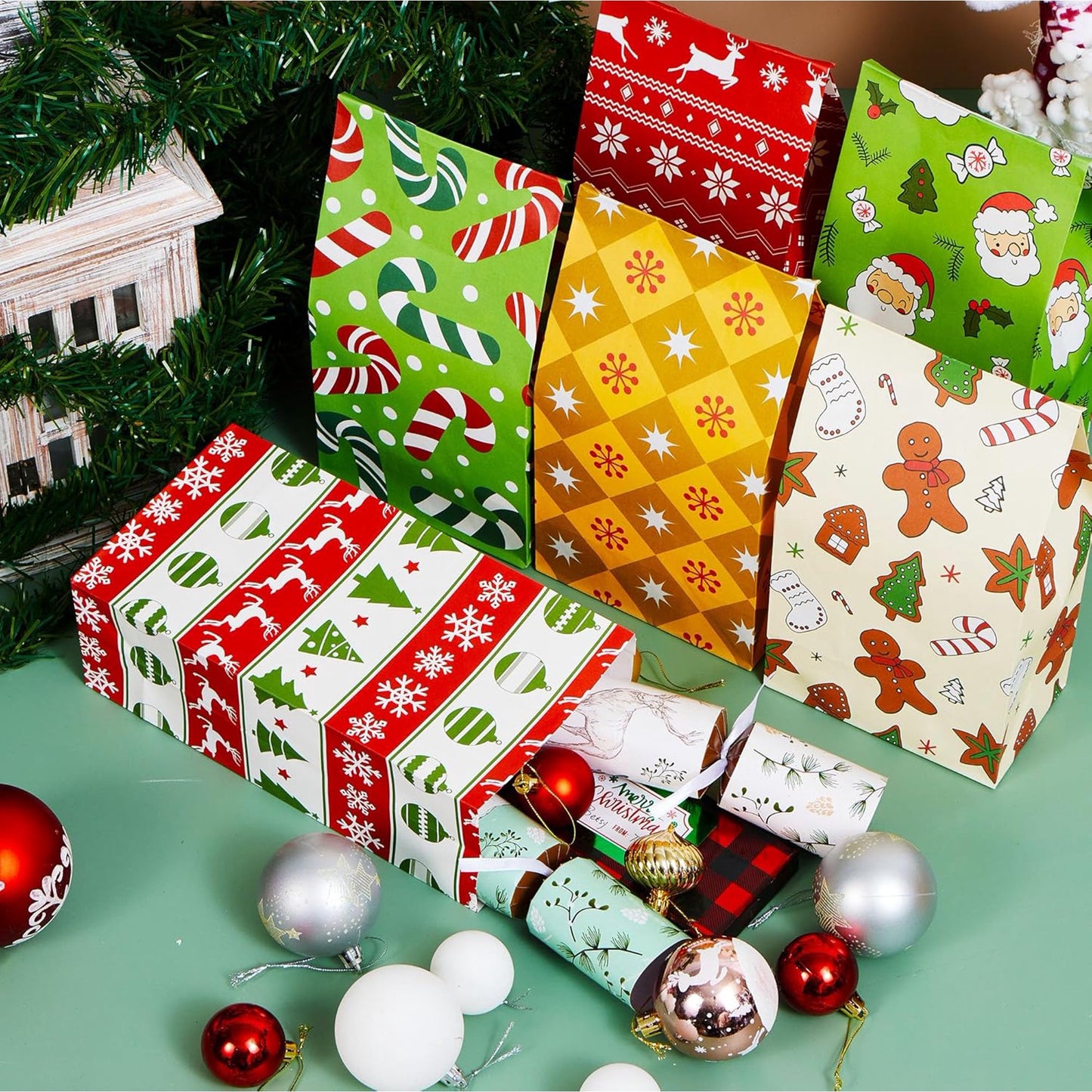 Joyfy 24 Pcs Christmas Holiday Gift Bags, 12 Assorted Christmas Designs Goodie Bags for Classrooms, Party Favors, Small Gift Bags, Kraft Bags and Christmas Craft Bags