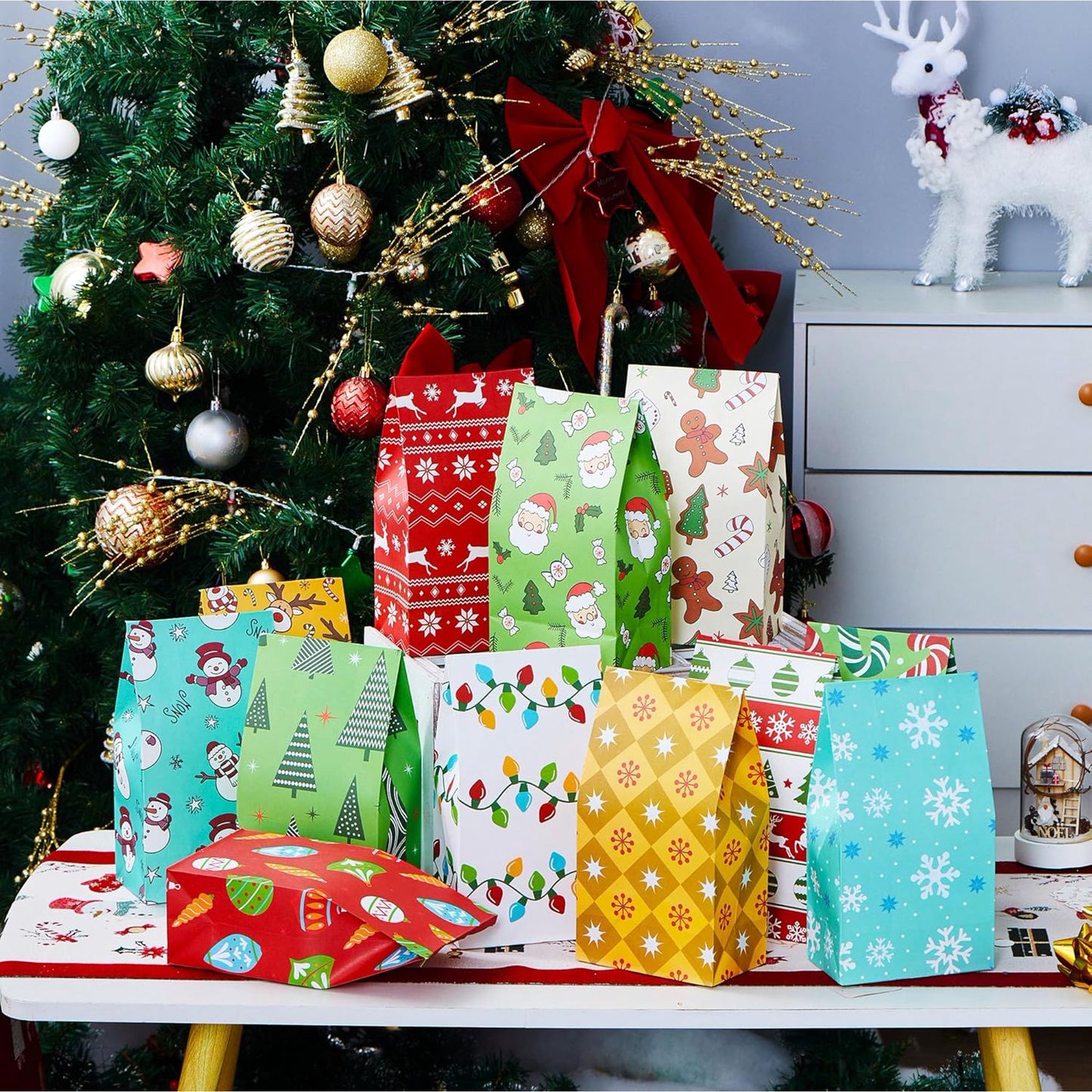 Joyfy 24 Pcs Christmas Holiday Gift Bags, 12 Assorted Christmas Designs Goodie Bags for Classrooms, Party Favors, Small Gift Bags, Kraft Bags and Christmas Craft Bags