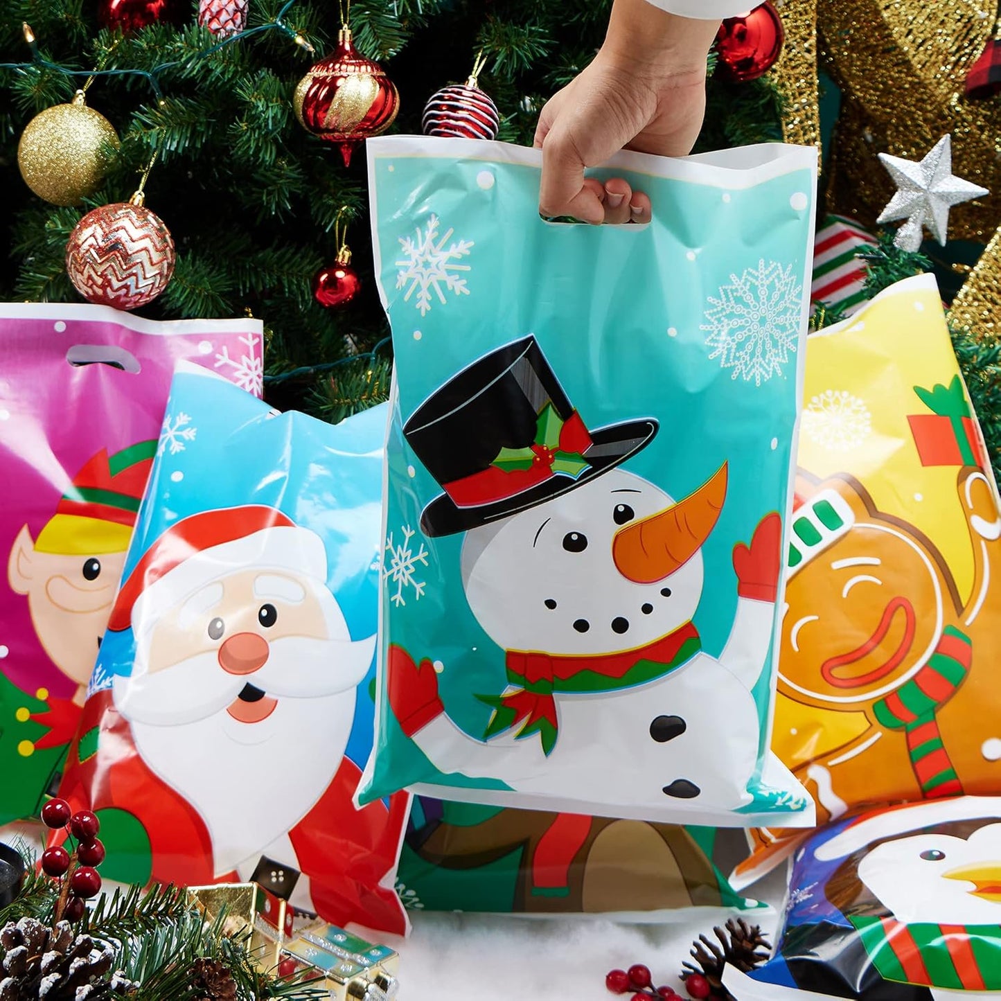 Joyfy 72 Pcs Christmas Bags for Xmas Holiday Goody Gift, 11" x 16"Christmas Snacks Plastic Shopping Bags with Handles for Present Wrapping, Festive Party Favor, Party Decoration Supplies