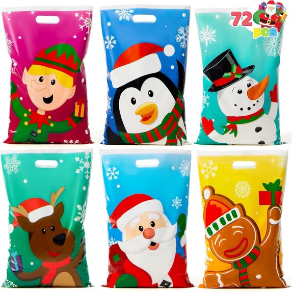 Joyfy 72 Pcs Christmas Bags for Xmas Holiday Goody Gift, 11" x 16"Christmas Snacks Plastic Shopping Bags with Handles for Present Wrapping, Festive Party Favor, Party Decoration Supplies