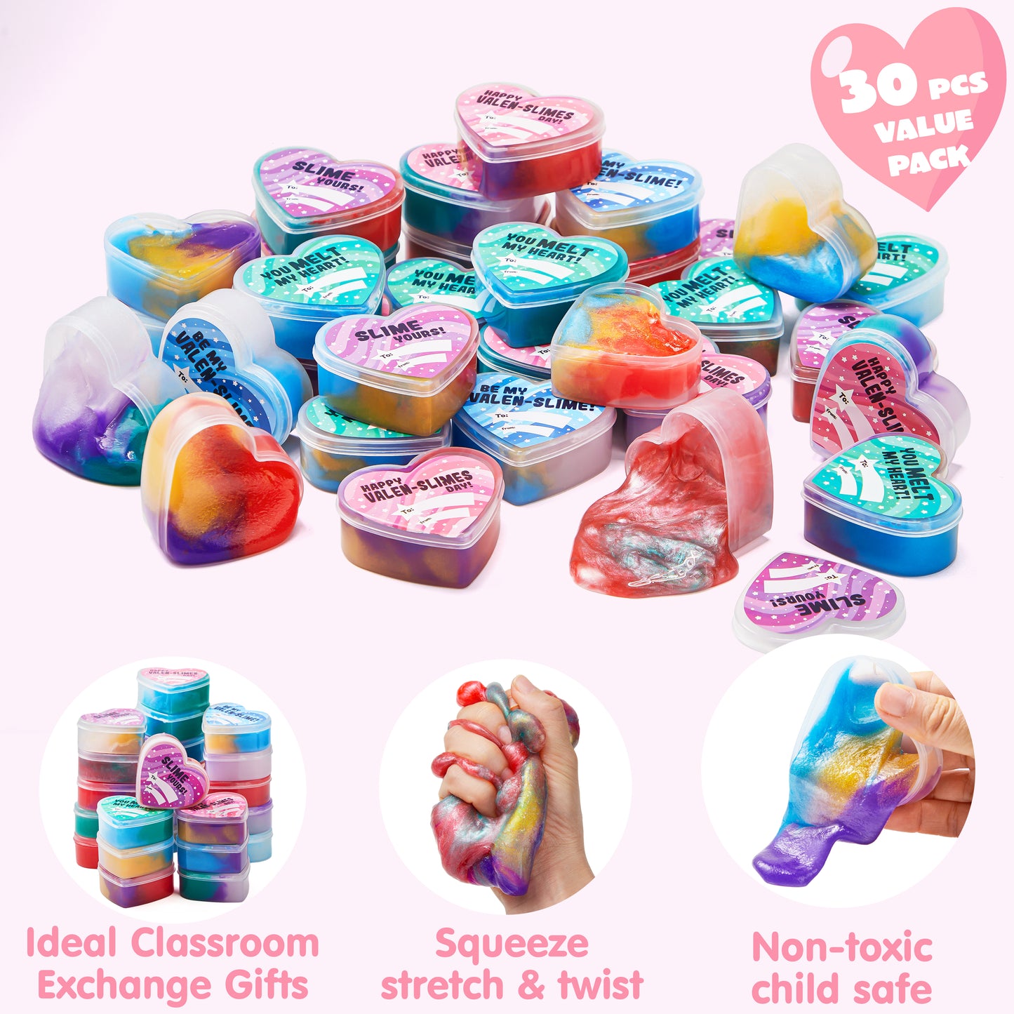 30 Valentines Day Galaxy Slime Hearts for Kids Valentine Classroom Exchange, Valentine Party Favors, Gift Exchange