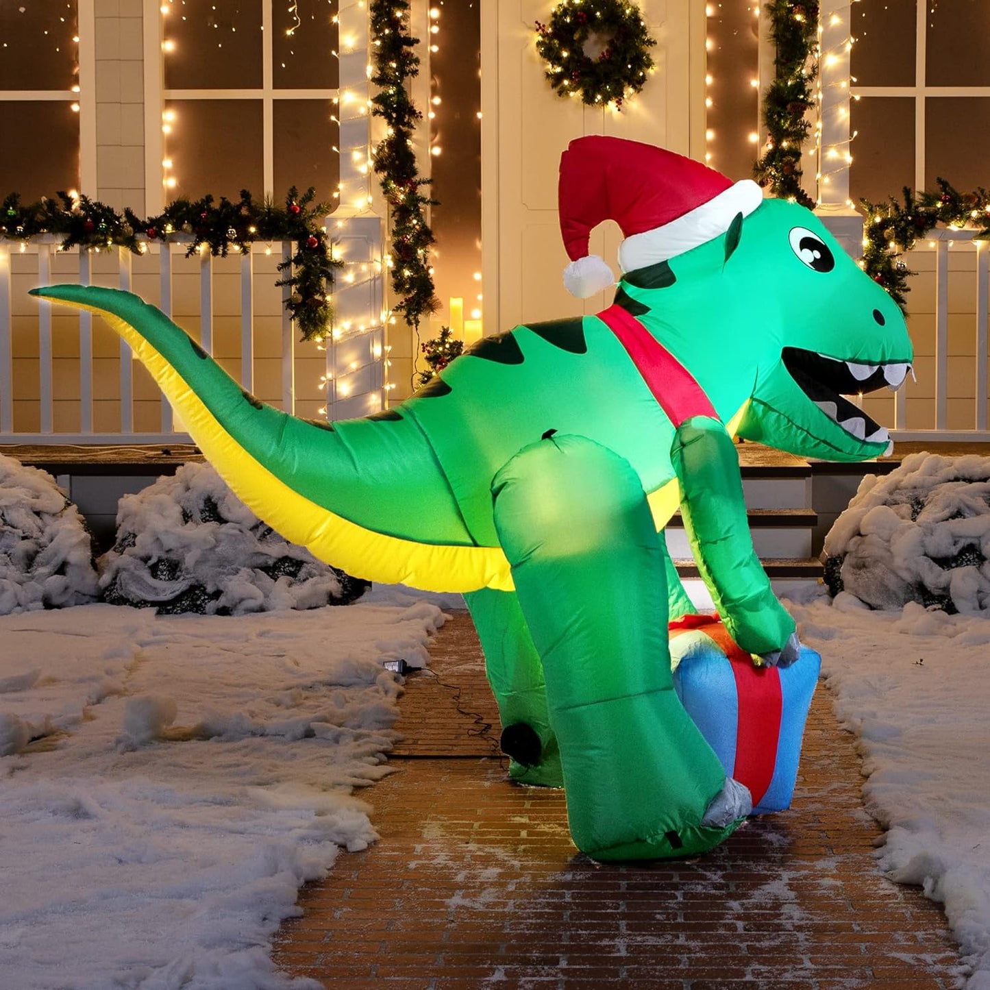 Joyfy 5 FT Christmas Inflatables Dinosaur Outdoor Decorations,Christmas Dinosaur with Gift Box Blow Ups Yard with Built-in LEDs for Holiday Party Garden Lawn Decor