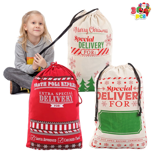 Joyfy 3 Pcs Present Bags, Santa Burlap Sack with Drawstring 26" x 19" for Large Xmas Package Storage,Christmas Large Gift Bags