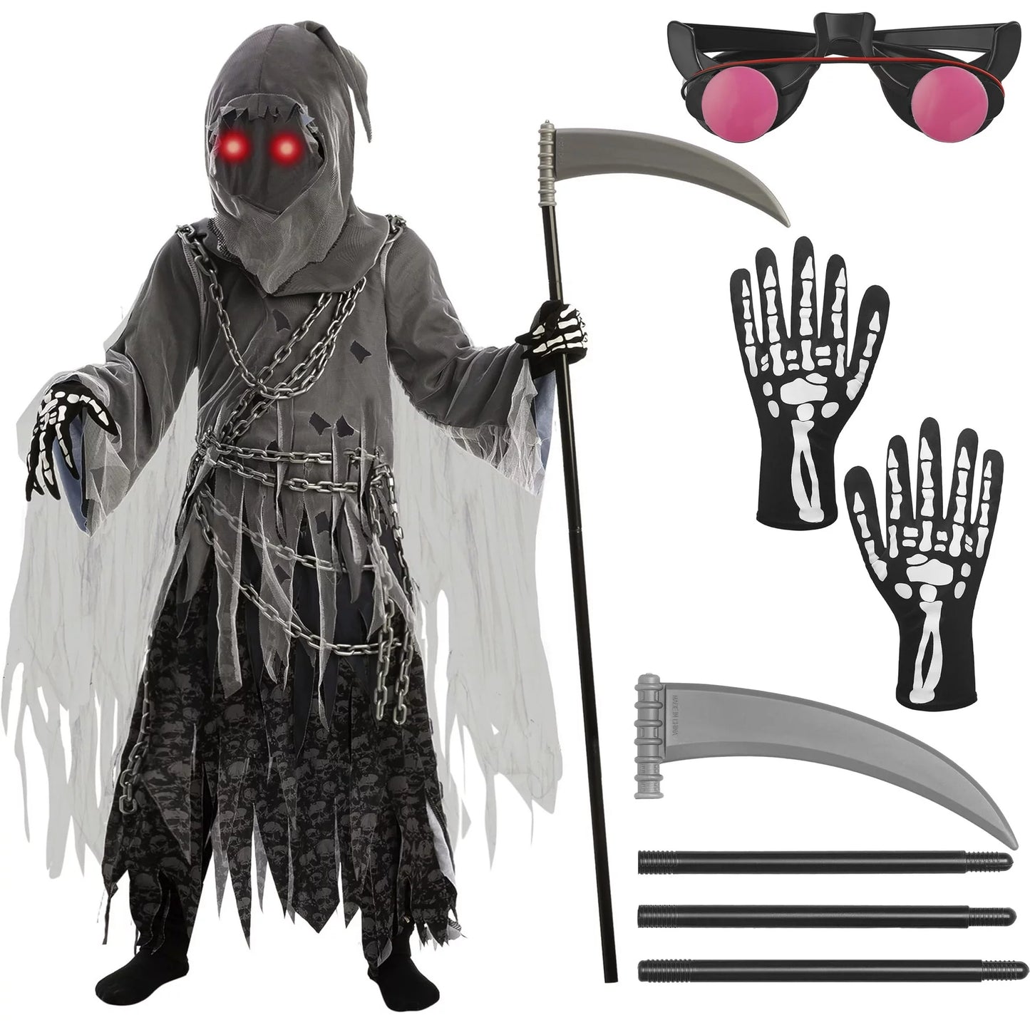 Spooktacular Creations Child Unisex Grim Reaper Costume for Kids, Halloween Costume with Glowing Red Eyes, Trick-or-Treating Cosplay Dress UP-M