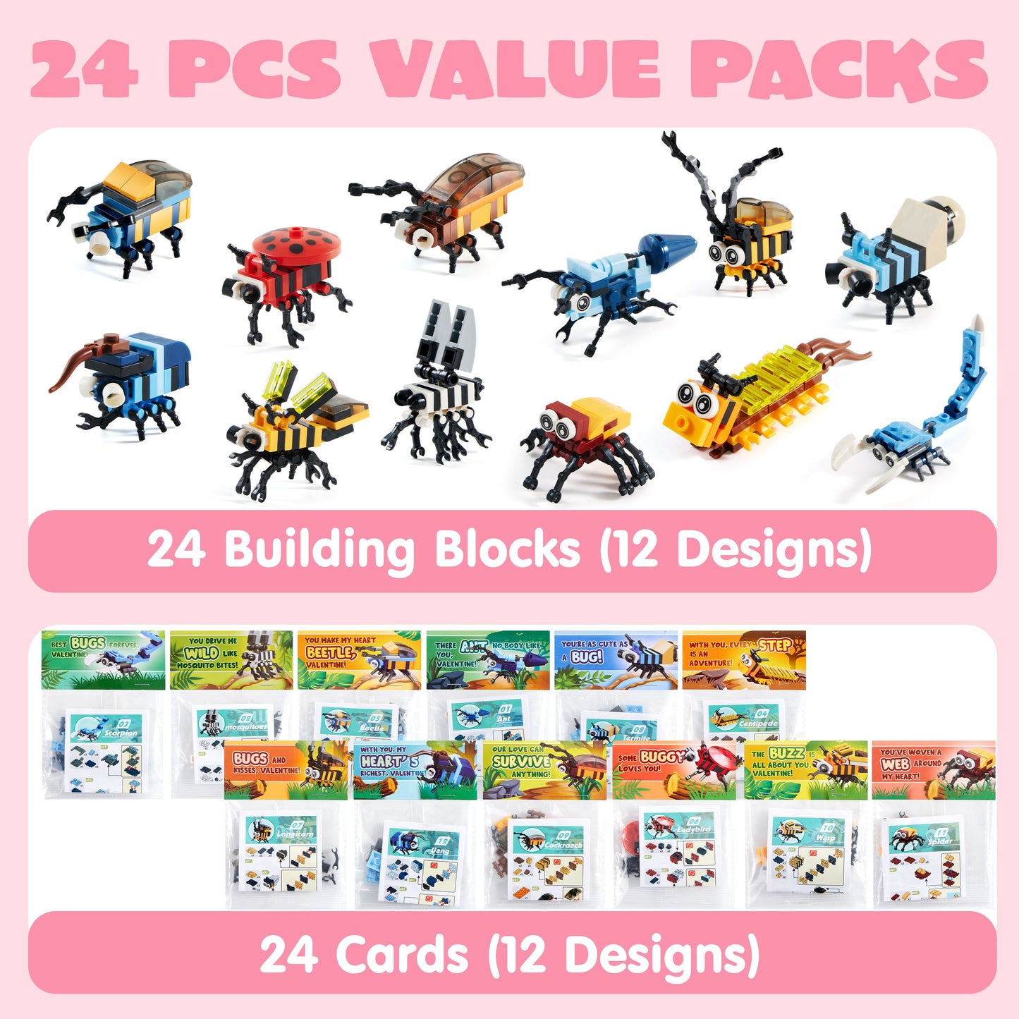 24 Packs Valentines Day Cards with Building Block for Valentine Party Gifts, Kids Classroom Exchange, Prize Supplies, School Rewards, Valentine's Day Gift Cards for
