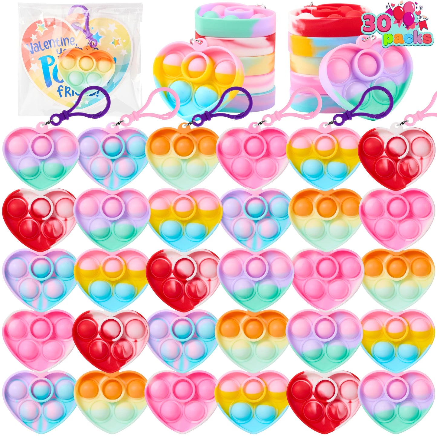 30 Packs Valentine’s Day 6-Design Gift Cards with Heart Pop Bubble Keychain, Mini Pop Squeeze Toys, Stress Relief Fidget Toys for Kids Valentine's Party Favors and School Classroom Prize