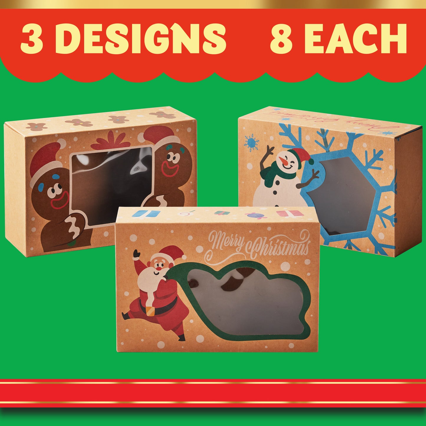Joyfy 24 Pcs Christmas Cookie Boxes Bakery Treat Gift Box with Window 8.75" x 5.75" x 2.75”for Pastries, Cupcakes, Cookies, Brownies, Donuts Gift Giving