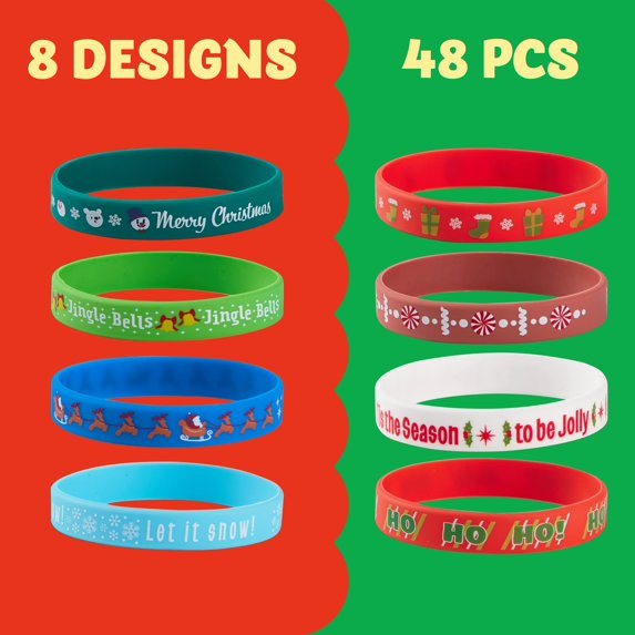 Joyfy 48 PCS Christmas Bracelets Toys for Kids, Silicone Rubber Bracelet Wristbands for Stocking Stuffers Gift Christmas Party Supply Favor