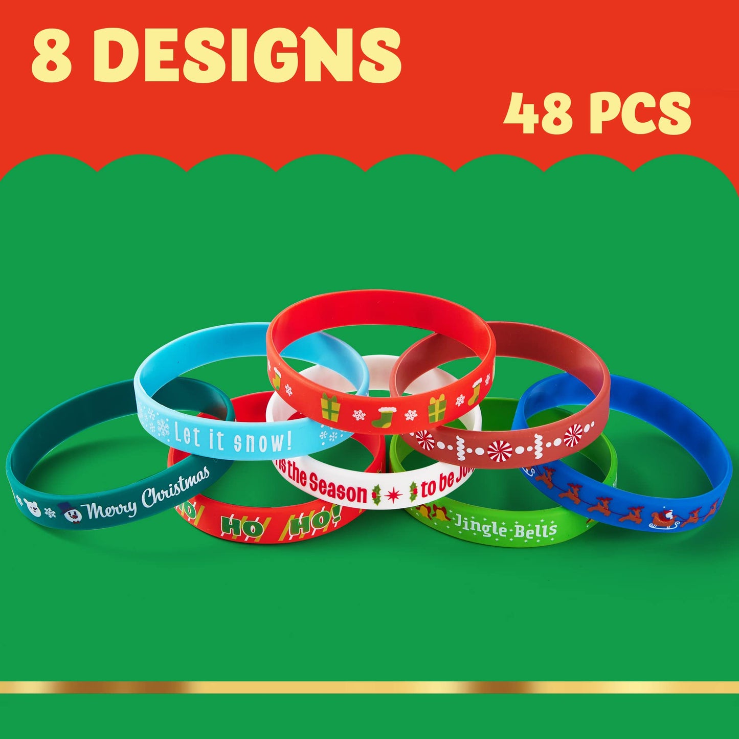 Joyfy 48 PCS Christmas Bracelets Toys for Kids, Silicone Rubber Bracelet Wristbands for Stocking Stuffers Gift Christmas Party Supply Favor