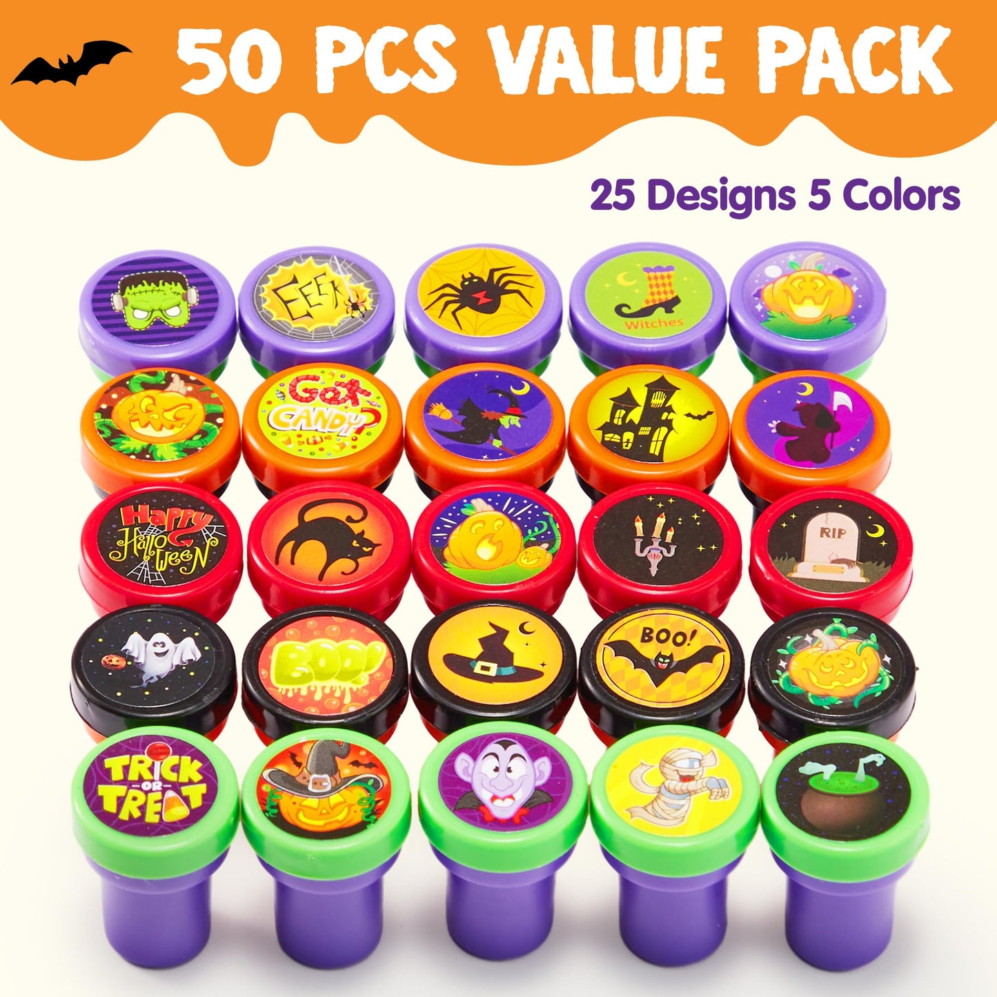 JOYIN 50 Pieces Halloween Assorted Stamps Kids Self Ink Stamps,25 Designs Plastic Stamps,Trick Or Treat Stamps,Spooky Stamps for Halloween Party Gifts,Game Prizes,Halloween Goodies Bags