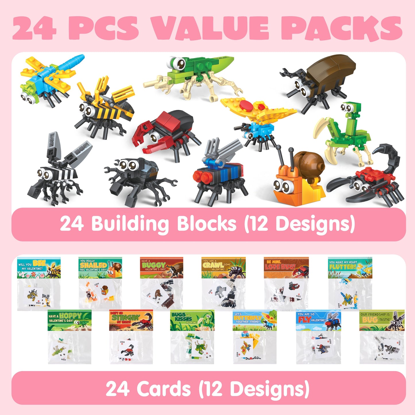 24 Packs Valentines Party Gift Cards with Building for Valentine Party Favor, Kids Classroom Exchange, Prize Supplies, Valentine’s Gifts Exchange School Rewards