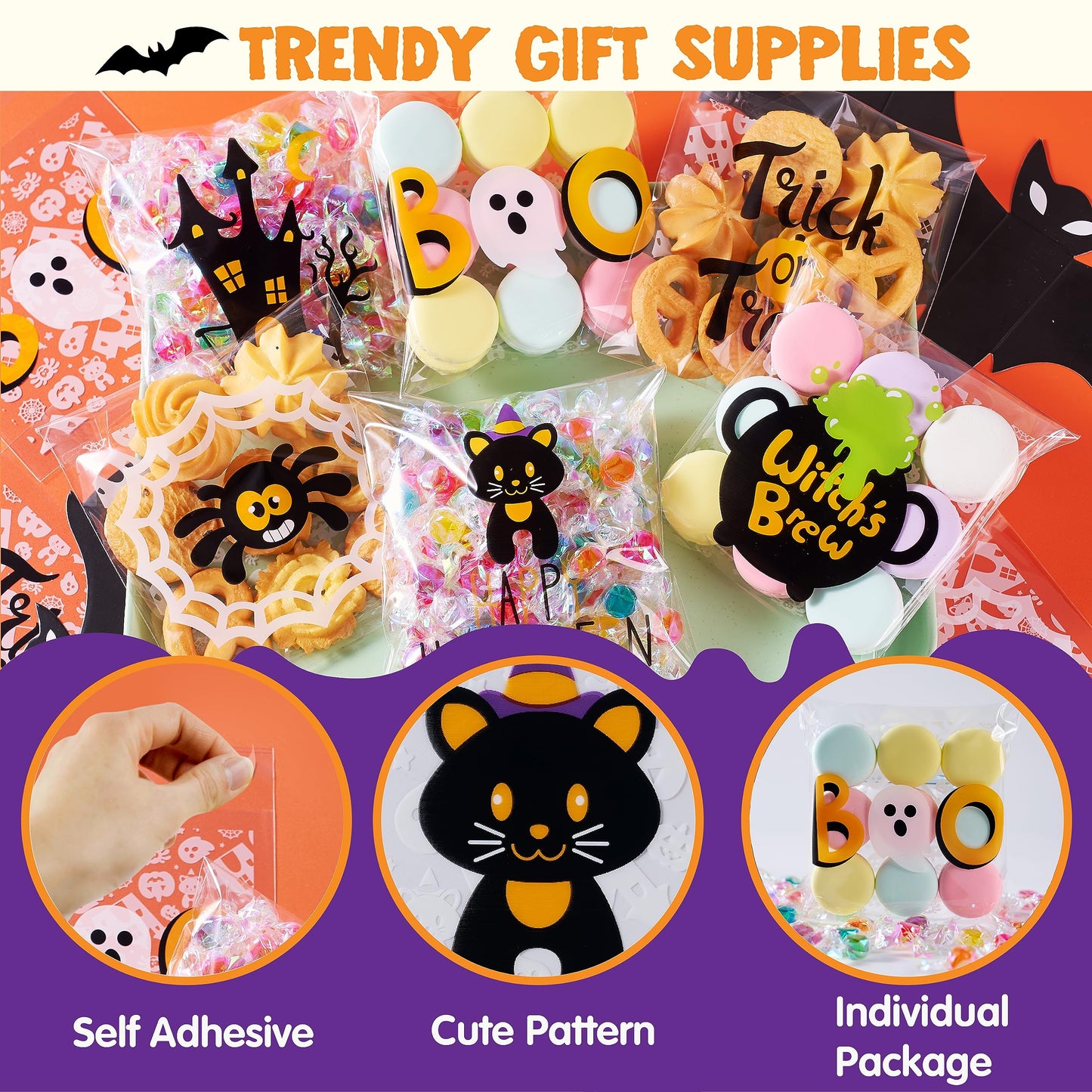 Joyfy 150 Pcs Halloween Treat Bags,Small Goodie Bags Clear Cookie and Candy Bags for Kids Trick or Treating,Cellophane Bags Halloween Party Supplies