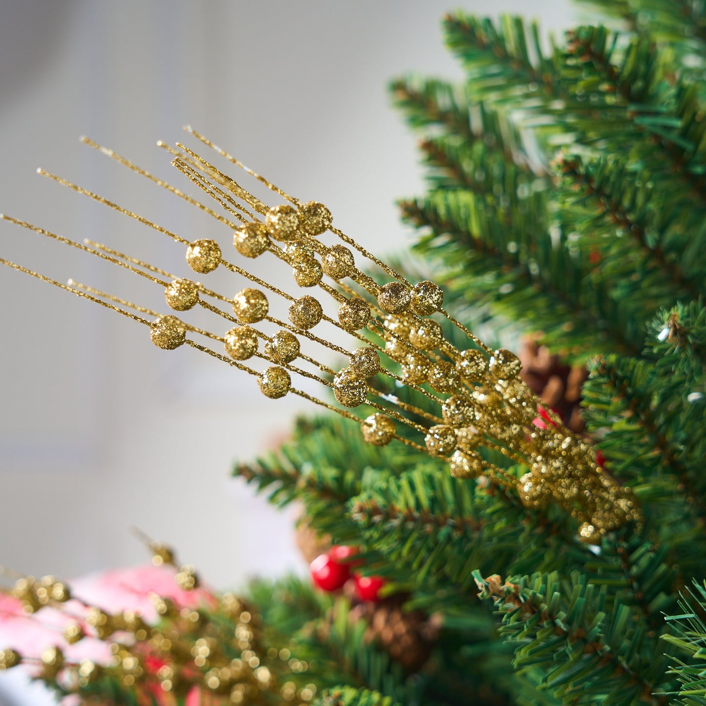 Joyfy 24 Pcs Christmas Tree Berry Stem, 20 Inches Decorative Bead Sticks, Glittery Twigs, Picks, Branches for Christmas Tree, Small Vase, Holiday, Wedding, Party (Gold)
