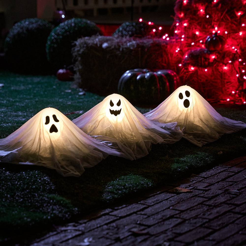 SYNCFUN 3 Packs Halloween Ghost Decorations,Light Up Flying Ghost Garden Stakes Outdoor Halloween Decorations,Pathway Lights Halloween Yard Outdoor Decorations Haunted House Decorations
