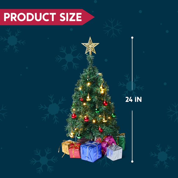 Joyfy 24 inch Pre Lit Tabletop Christmas Tree with Warm LED Lights, Christmas Ball Ornaments and Gift Box for Indoor Xmas Decorations