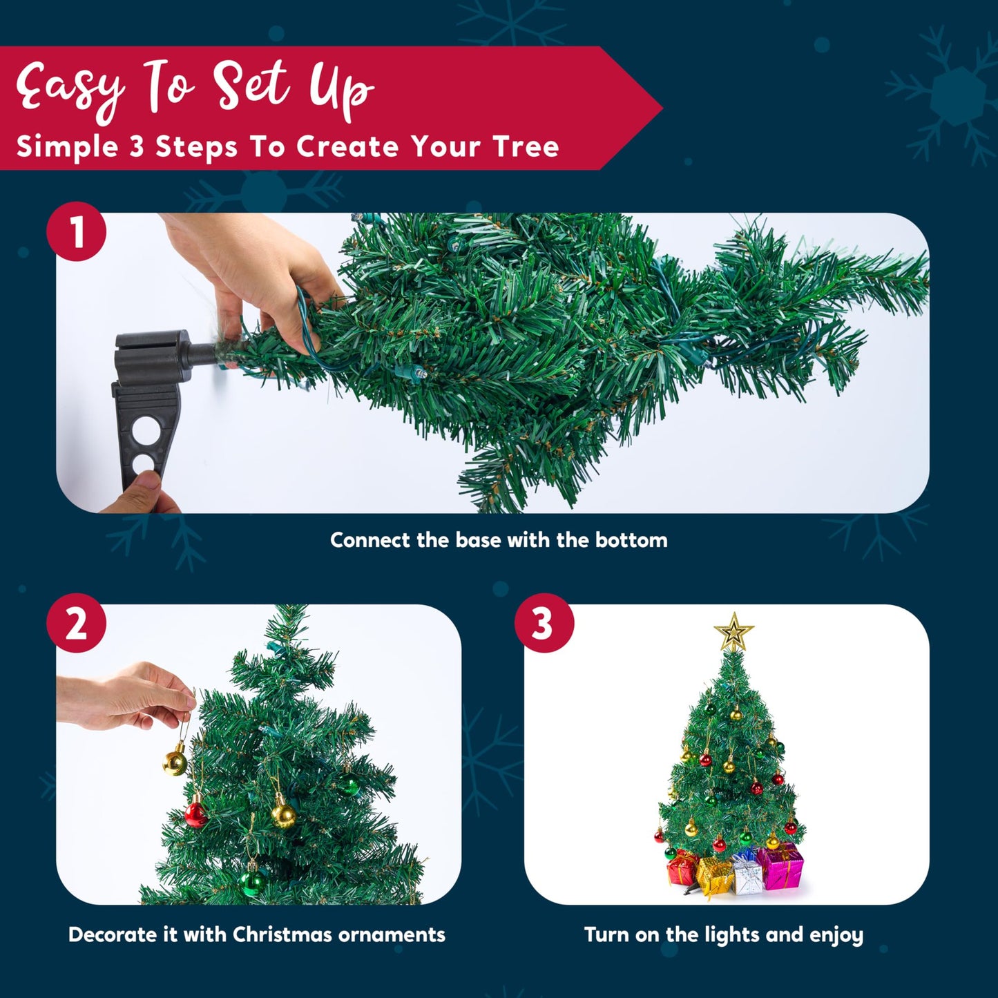 Joyfy 24 inch Pre Lit Tabletop Christmas Tree with Warm LED Lights, Christmas Ball Ornaments and Gift Box for Indoor Xmas Decorations