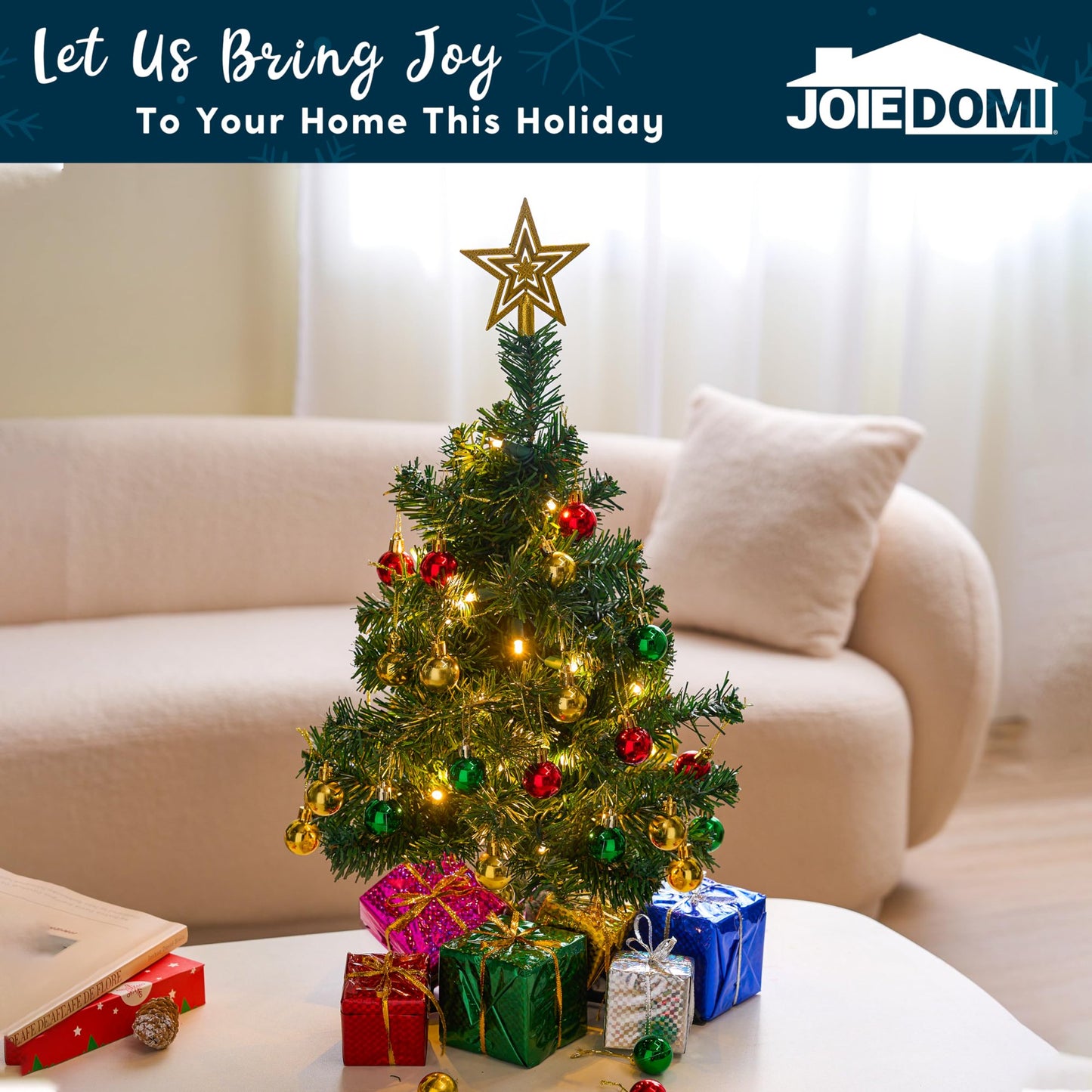 Joyfy 24 inch Pre Lit Tabletop Christmas Tree with Warm LED Lights, Christmas Ball Ornaments and Gift Box for Indoor Xmas Decorations