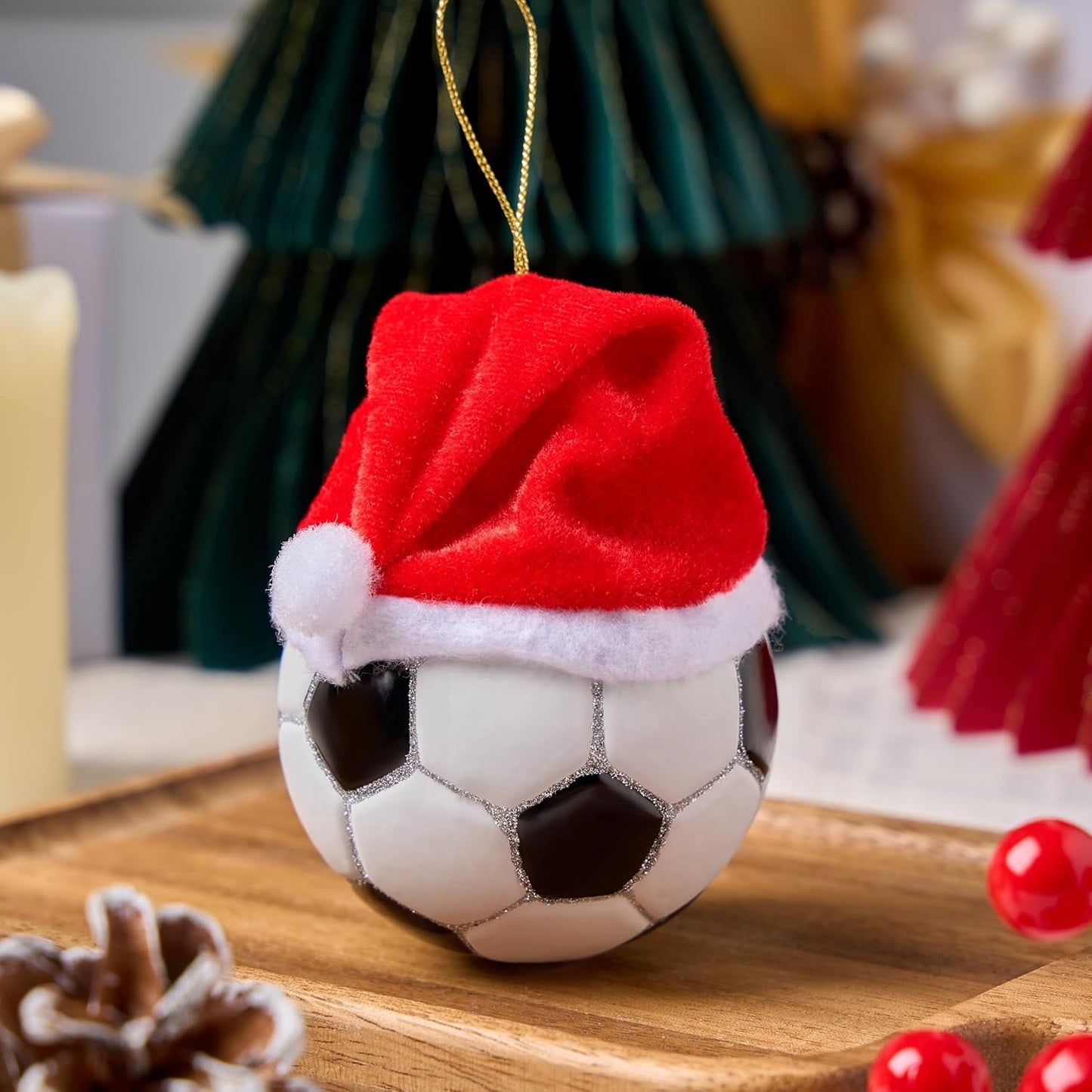 Joyfy Christmas Soccer Glass Ornament, Sports Ball Glass Blown Ornament Ball for Christmas Tree Decoration, Xmas Gift Holiday Party Favor