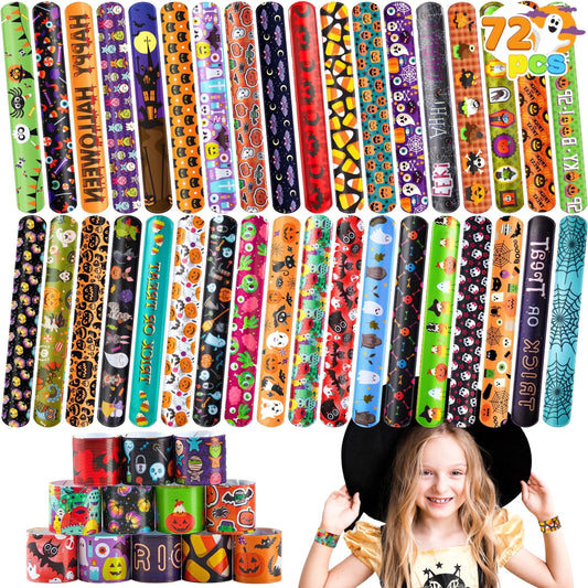 Joyfy 72 Pcs Halloween Slap Bracelets for Kids,Halloween Toys Bulk with Spider,Pumpkins,Animal Print for Prizes Gift Trick or Treat Party Favors,Halloween Crafts for Kids,Classroom Favors