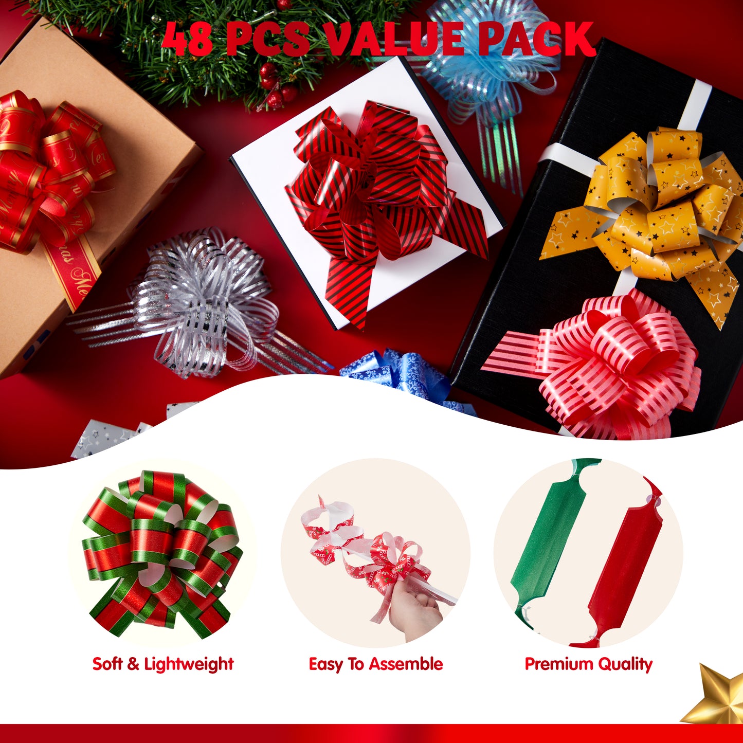 Joyfy 48 Pcs Christmas Pull Bows with Ribbon 4.7” Wide Gift Wrapping Accessory for Presents, Bows, Baskets, Wine Bottles Decoration, Gift Wrapping and Decoration Present