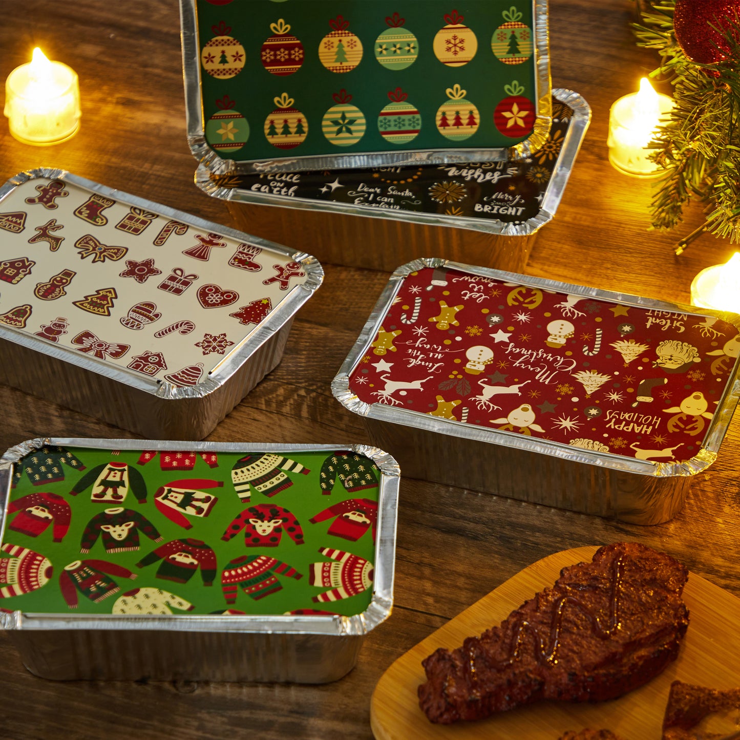SYNCFUN 48 Pcs Christmas Cookie Tins with Lids for Gift Giving, Rectangular Treat Foil Containers, Disposable Food Storage Pan for Holiday Leftovers Goodie Container or Cookie Exchange