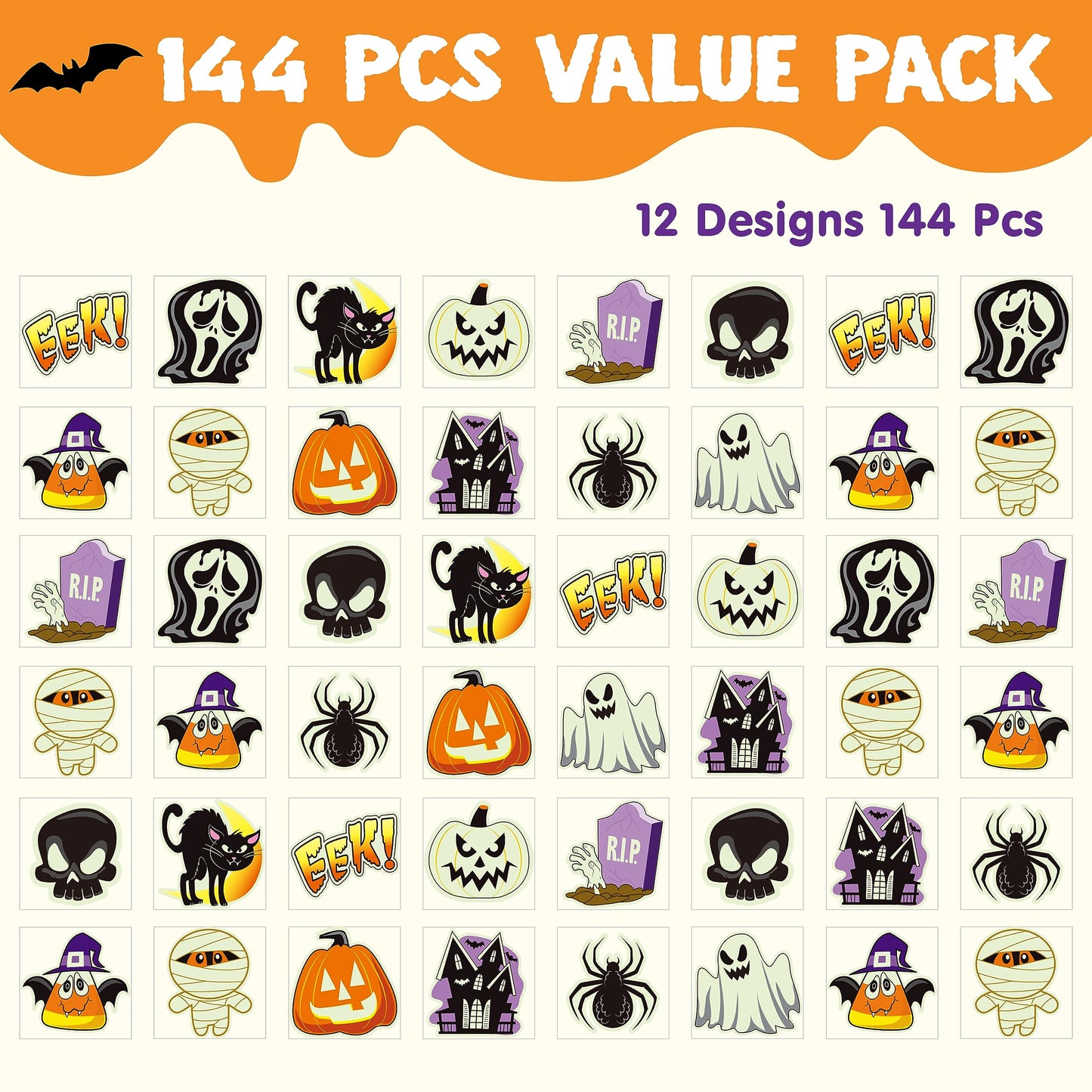 Joyfy 144 Pcs Halloween Temporary Tattoos,Glow in The Dark Tattoos for Kids,Halloween Toys Bulk,Halloween Trick or Treat Toys,Halloween Party Favor