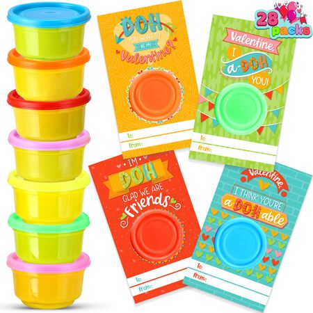 28 Pcs Valentines Day Gift Cards with Colorful Playing Dough for Kids Valentine Party Favors, Valentine's Classroom Exchange