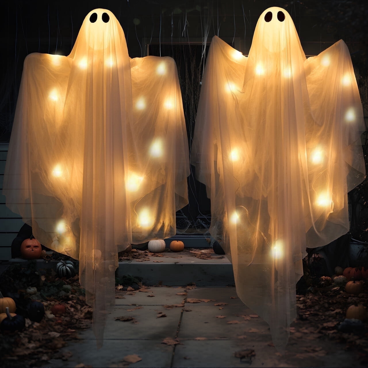 Joyfy 2Pcs 47 Inch Hanging Ghosts Halloween Decor,Halloween Light up White Ghosts with Spooky Warm LED Light,Halloween Outdoor Yard Porch Decorations,Haunted House Decorations