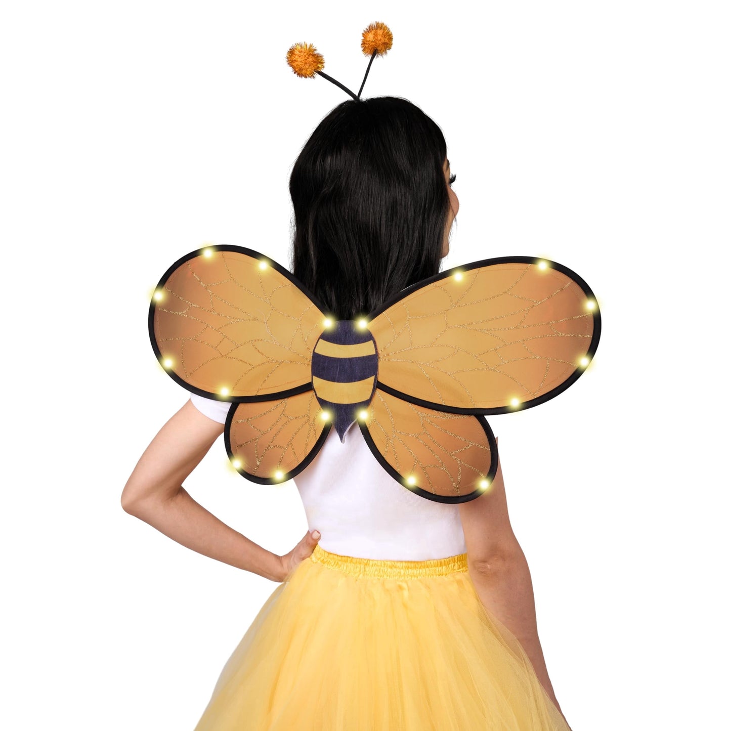 Joyfy Yellow Bumble Bee Wings with Light Up, Bee Antenna Headband Set for Girls, Halloween Animal Costume Cosplay Party