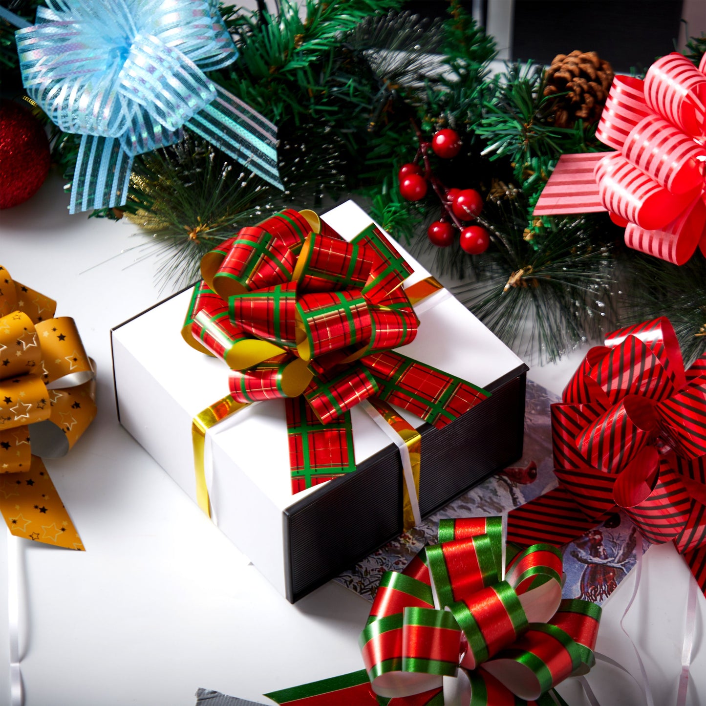 Joyfy 48 Pcs Christmas Pull Bows with Ribbon 4.7” Wide Gift Wrapping Accessory for Presents, Bows, Baskets, Wine Bottles Decoration, Gift Wrapping and Decoration Present
