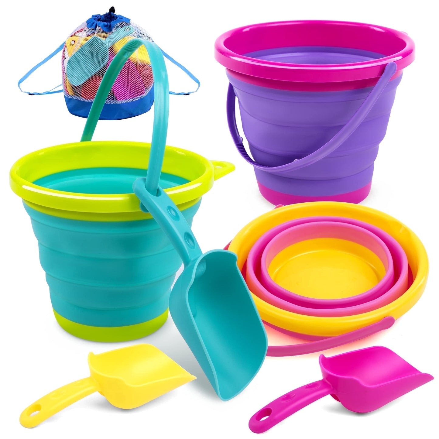 Joyfy 3 Packs Collapsible Bucket with Shovels & Mesh Bag, Multi-Purpose sand toys for Beach, Camping Gear, Beach Parties, and Fun Summer Activities