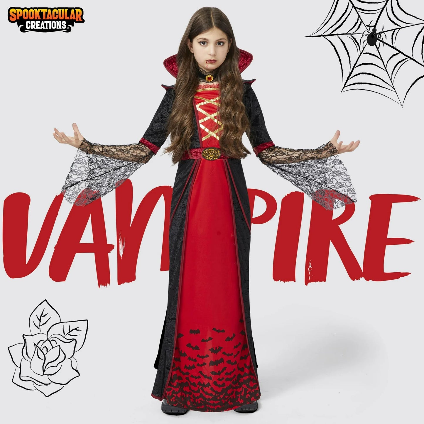 Royal Vampire Costume for Girls Deluxe Set Halloween vampire cape Women Queen Dress Up Party-XL
