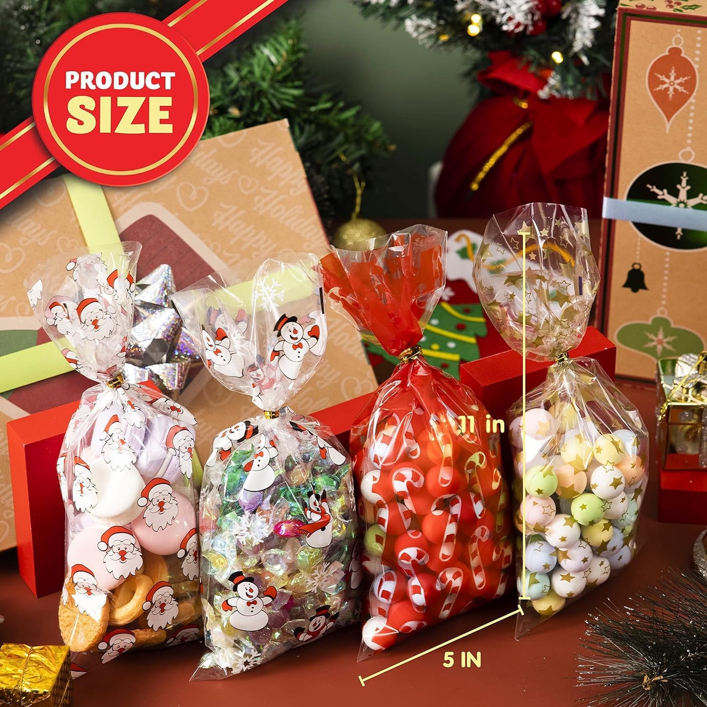 Joyfy 144 Pcs Christmas Cellophane Bags with Ribbon Candy Cookie Bags for Holiday Treats, Christmas Party Favors Supplies, Christmas Clear Cello Gift Bags, Xmas Goodie Bags