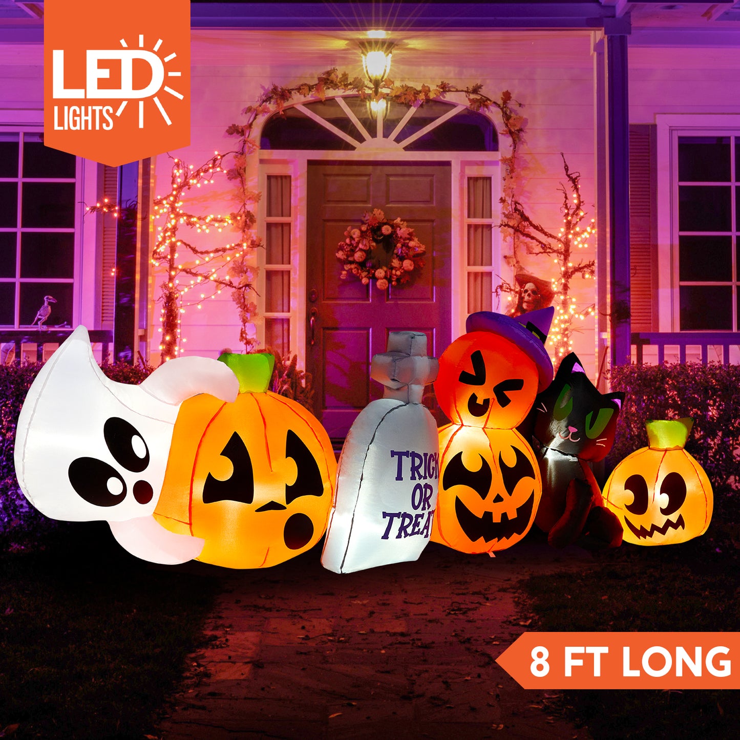 Joyfy 8 FT Halloween Inflatables Characters,Long Light Up Pumpkin Ghost Cat Tombstone Halloween Blow up Yard Decorations,Outdoor Halloween Decor
