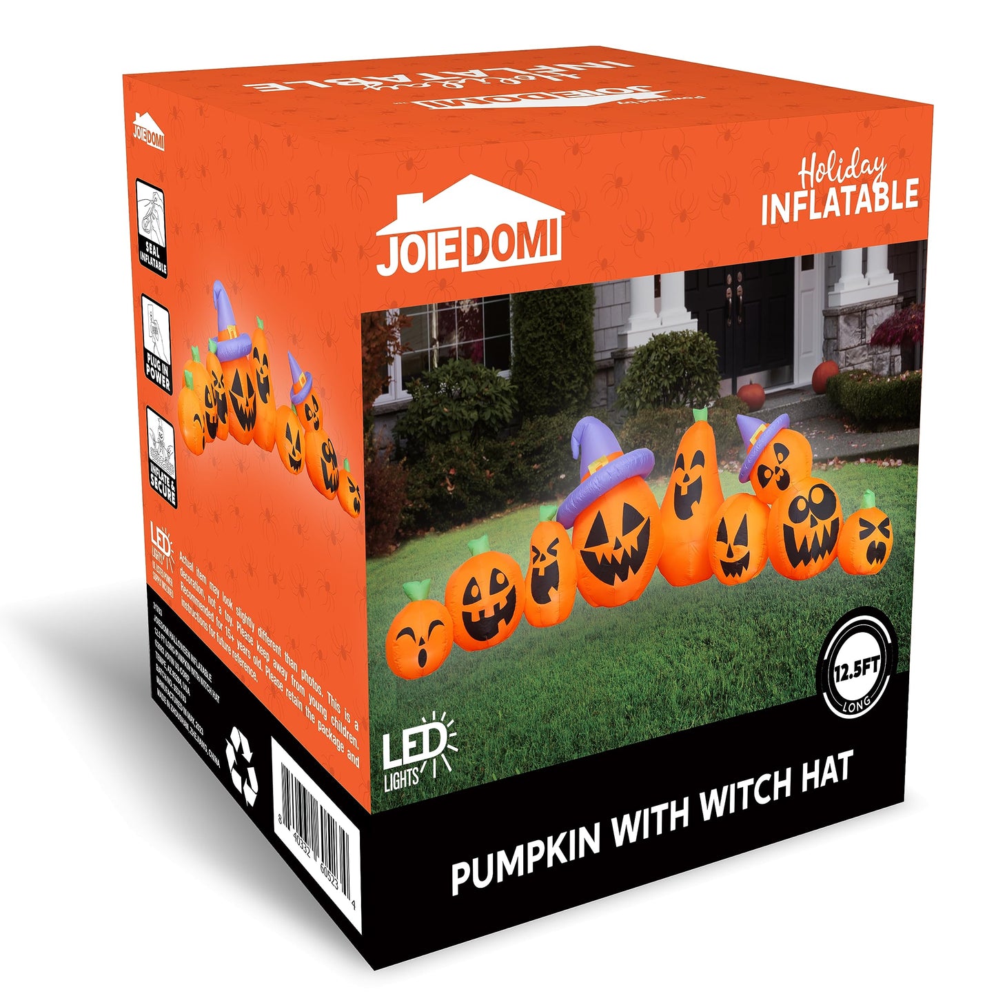 Syncfun 12.5 FT Halloween Inflatable Long Pumpkin with Witch Hat Decorations Inflatables with Build-in LEDs,Halloween Decor Outdoor Blow Up Yard Decorations