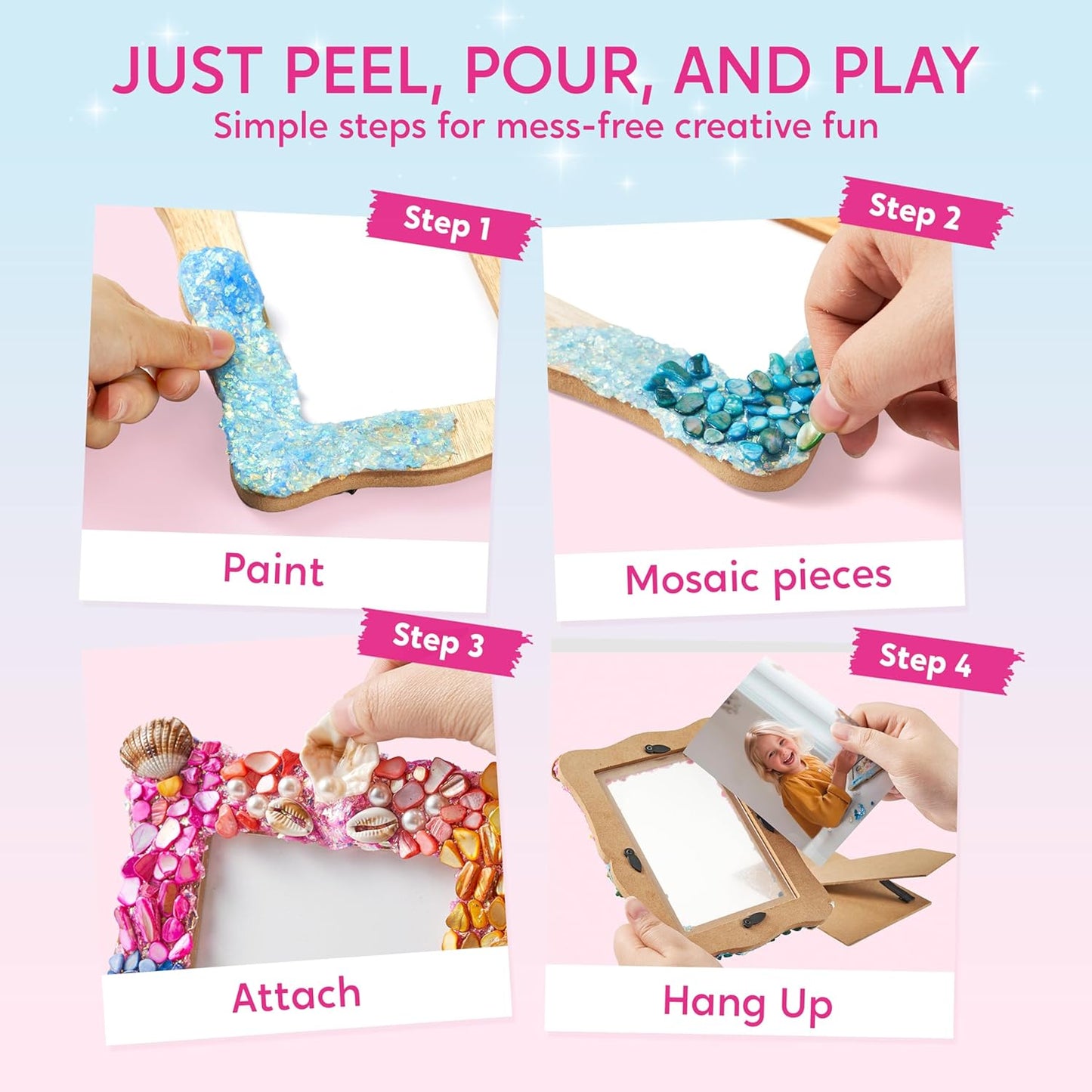 Klever Kits DIY Picture Frames Art Craft Kits for Kids, Make Your Own Mosaic Photo Frame Kit, Creative Gift for Girls Ages 6+