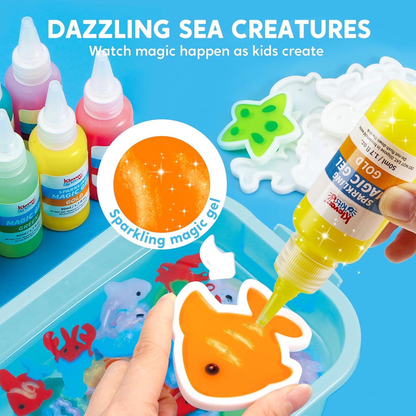 Klever Kits Aqua Elf Water Gel Kit, Magic Fairy Water Toy with 10 Magic Gels, 12 Sea Creature Molds, Creativity DIY Craft Kit for Kids Age 3+