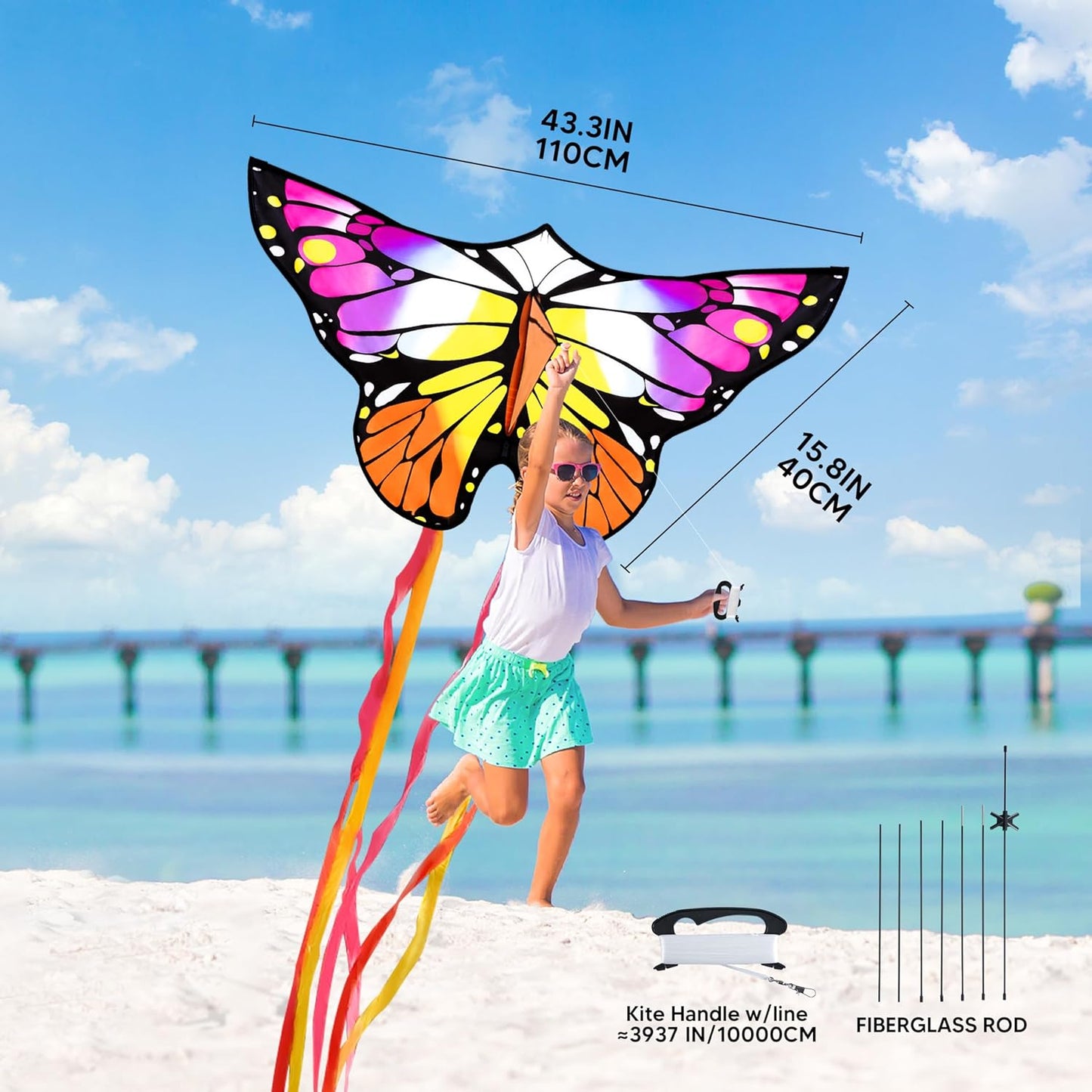 Joyfy Colorful Butterfly Kites Yellow– Easy to Fly for Kids and Adults, Large Beach Kite with 328ft String for Outdoor Games and Activities Kids Gifts
