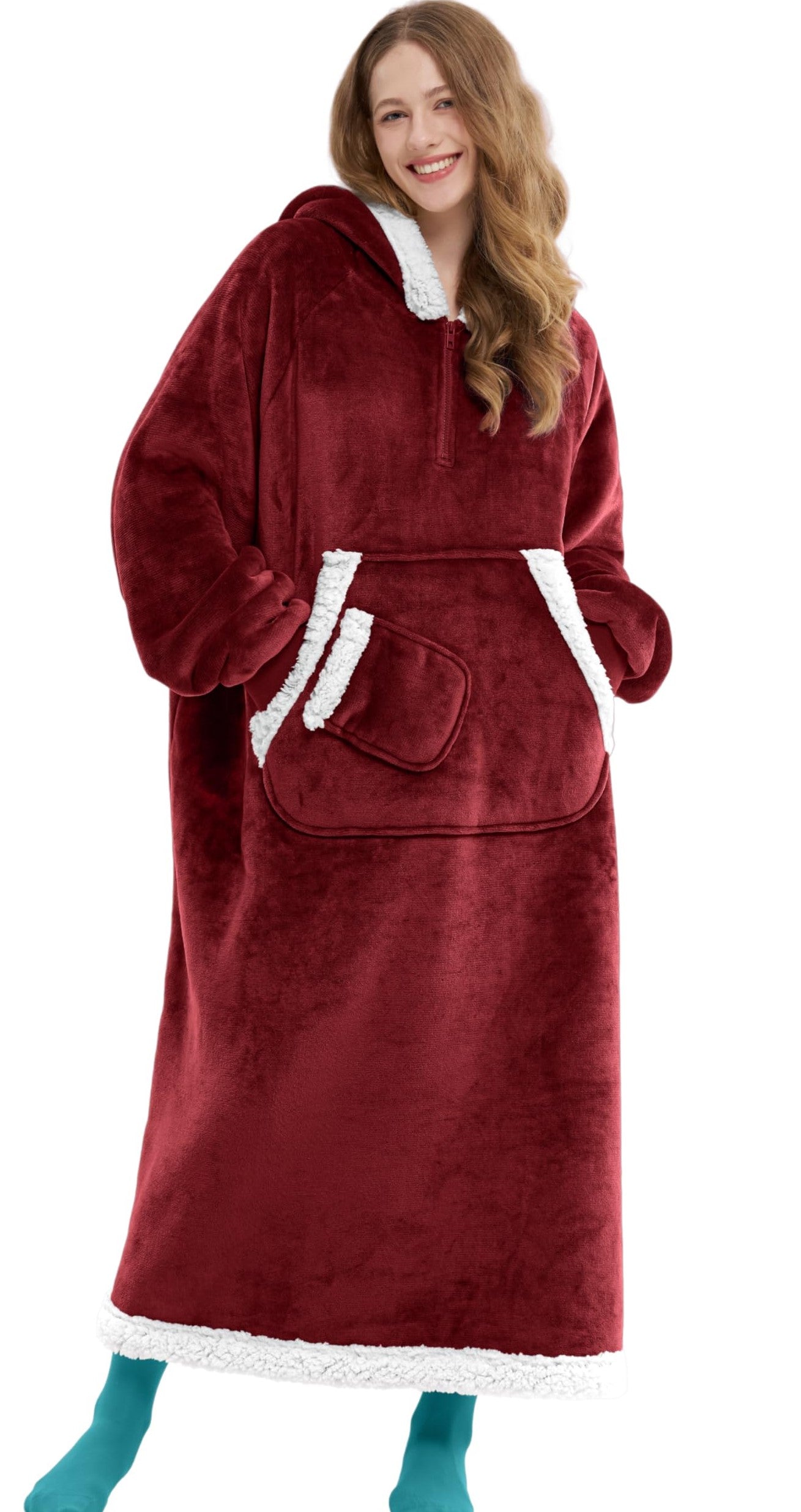 Joyfy Wearable Blanket Hoodie, Long Hooded Blanket Sweatshirt, Oversize Hoodie for Women and Men,Clothing Gift for Women Men Mom Dad,Giant Hood Pocket and Sleeves for AdultBurgundy,Regular