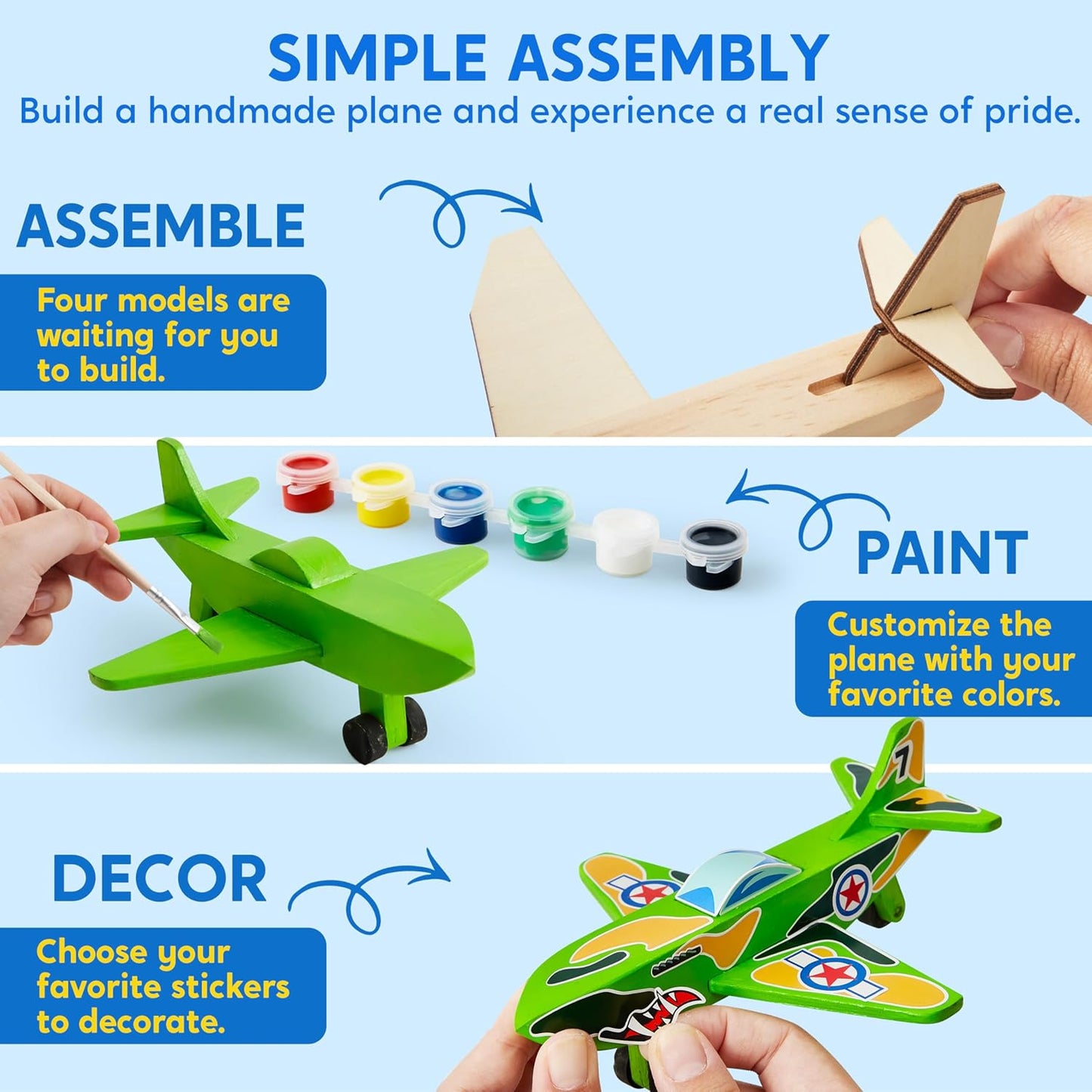Klever Kits 4 Piece Wooden Aircrafts Building & Painting Art Kit for Kids, DIY Airplane Toys Birthday Gift for Boys Ages 6+