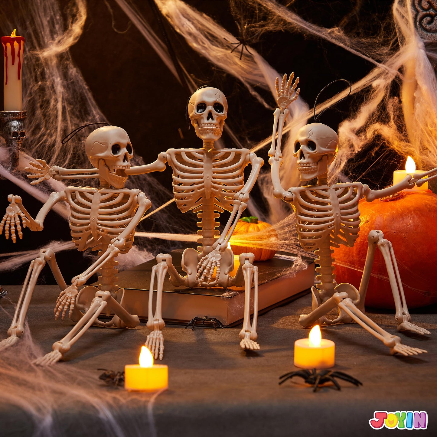 Joyfy 3 Pcs Skeleton Halloween Decorations,16 Inch Full Body Poseable Skeleton with Movable Joints for Halloween Indoor Outdoor Party,Graveyard,Haunted House Accessories