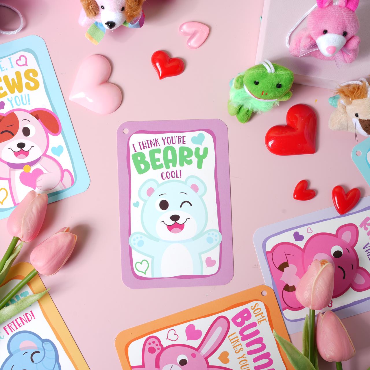28 pieces, Valentine's Day Mini Stuffed Animals with Cards