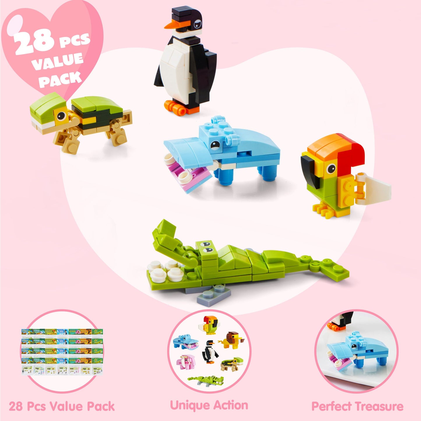 28 Packs Valentines Day Gift Cards with Animal Building Blocks for Valentine's Classroom Exchange Toy,Valentine Party Favor,Kids Classroom School Prize