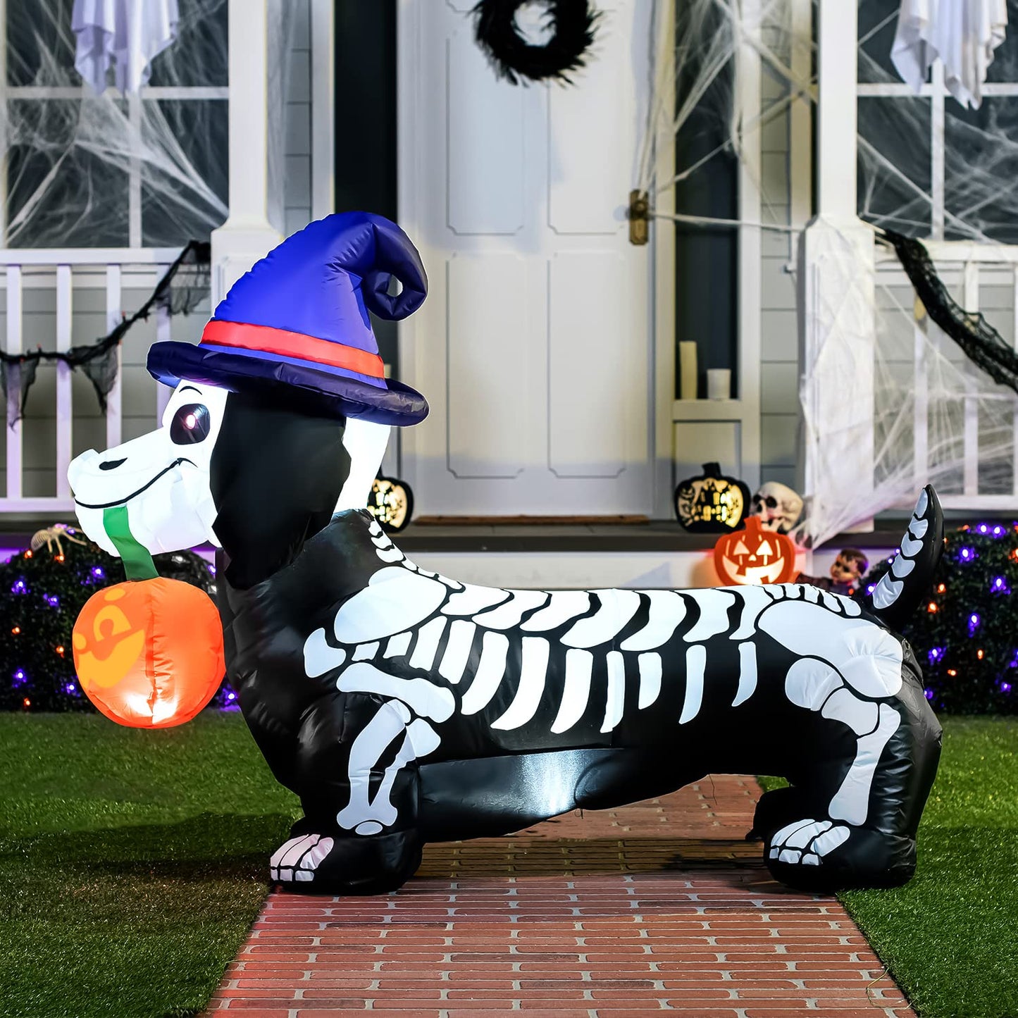 Syncfun 5 FT Halloween Inflatables Light up Pumpkin Skeleton Wiener Dog Long Halloween Inflatables Outdoor Decorations,Blow up Halloween Yard Decorations