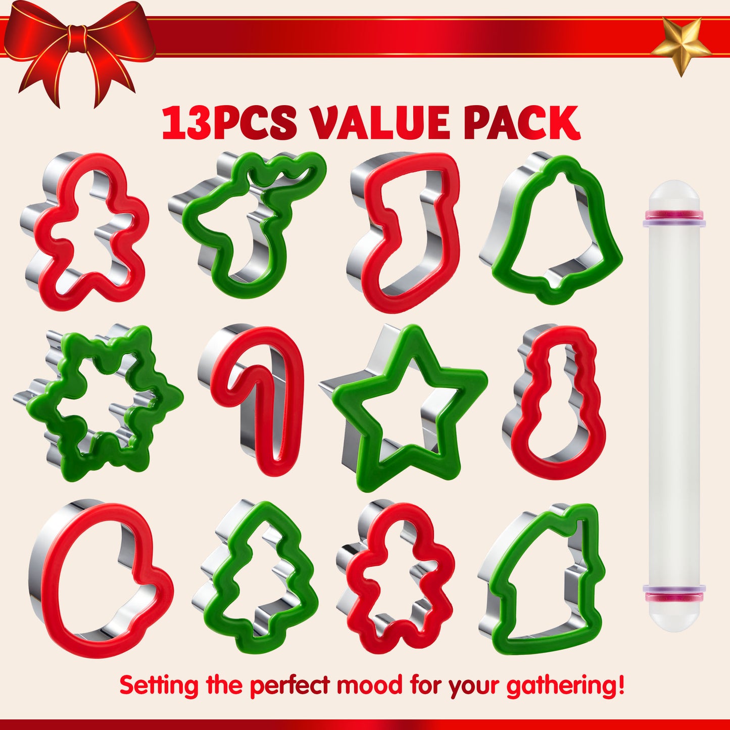 Joyfy 13 Pcs 3.5" Christmas Cookie Cutters with Rolling Pin for Christmas Party Cookies Baking