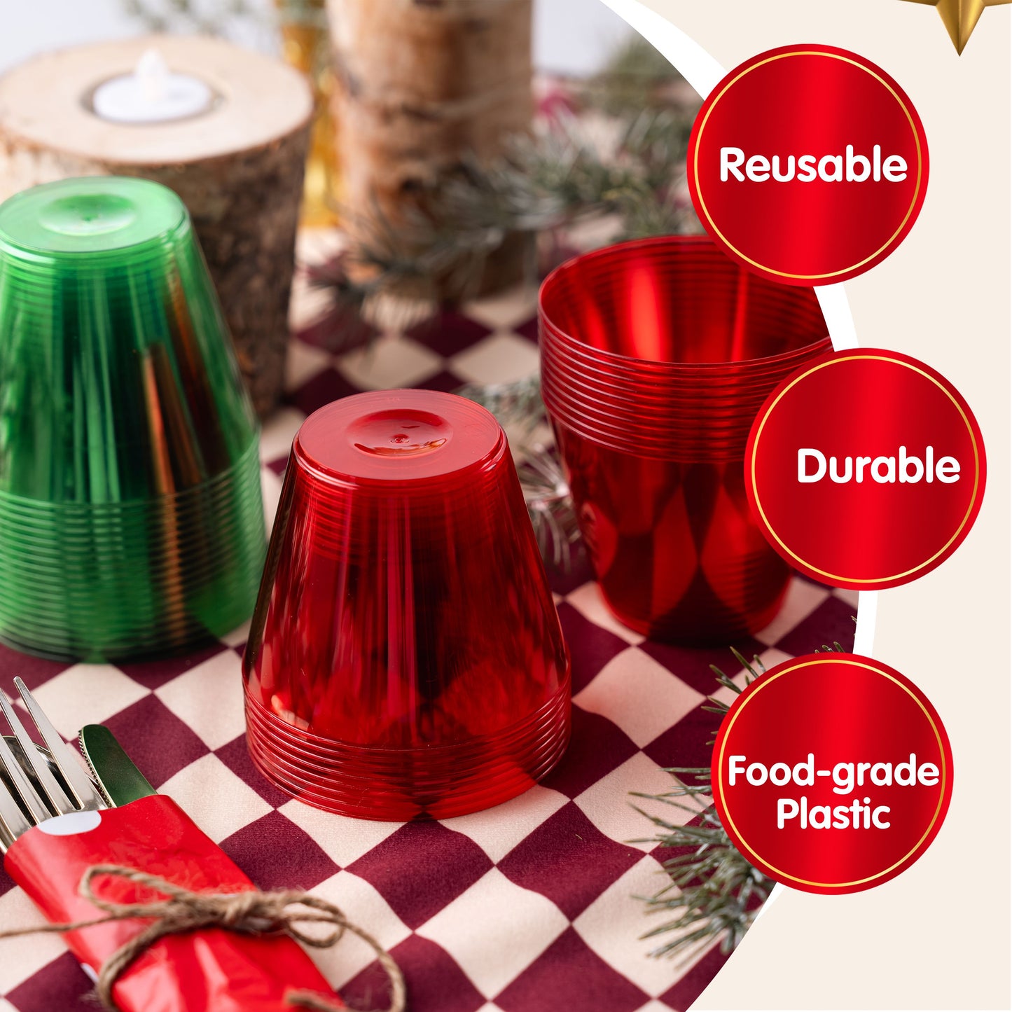 Joyfy 36 Pcs Clear Disposable Plastic Cups, 9 OZ Christmas Red and Green Plastic Drinking Cups, Plastic Wine Glasses for Xmas Party Supplies, Wedding, Thanksgiving, Birthday, Holiday, New Year