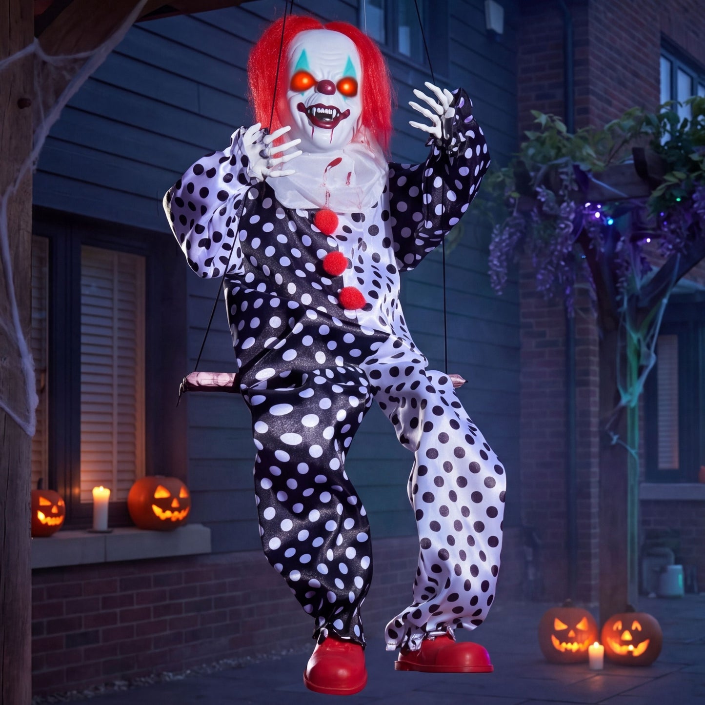 Joyfy Scary Halloween Decorations Outdoor, Halloween Hanging Swinging Animatronic Clown with Scary Sound and Moving Body, Sound Activated Outdoor Swinging Ghost with Light Up Eyes for Indoor Outside
