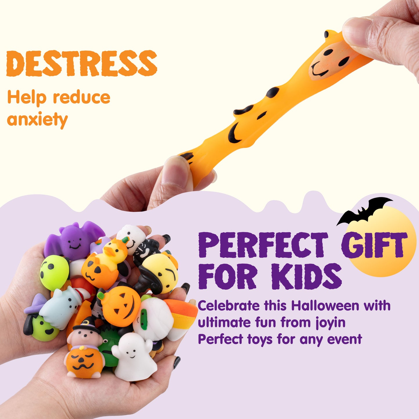 Joyfy 100 Pcs Halloween Mochi Squishy Toys,Squishy Toys for Kids,Halloween Classroom Favors Prizes Party Favors,Claw Machine Filler for Kids,Stress Relief Toys